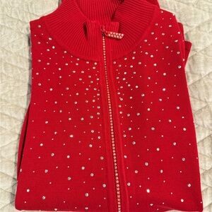 Red Rhinestone Zip-Up Sweater